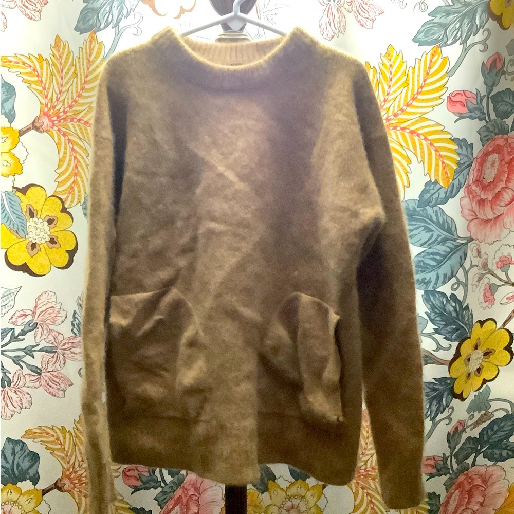 J. Crew Tan long sleeve fluffy shirt with 2 front pockets.